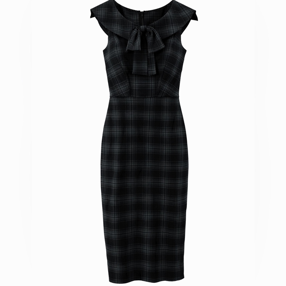 Stop Staring Size Small Black Plaid Blue/black Bow-Accent Sheath Dress - Picture 2 of 5